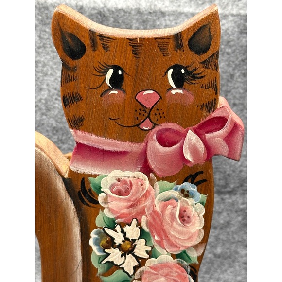 Unbranded Other - Vintage Hand Painted Wooden Cat Wall Pocket Letter Holder Floral Folk Art Brown